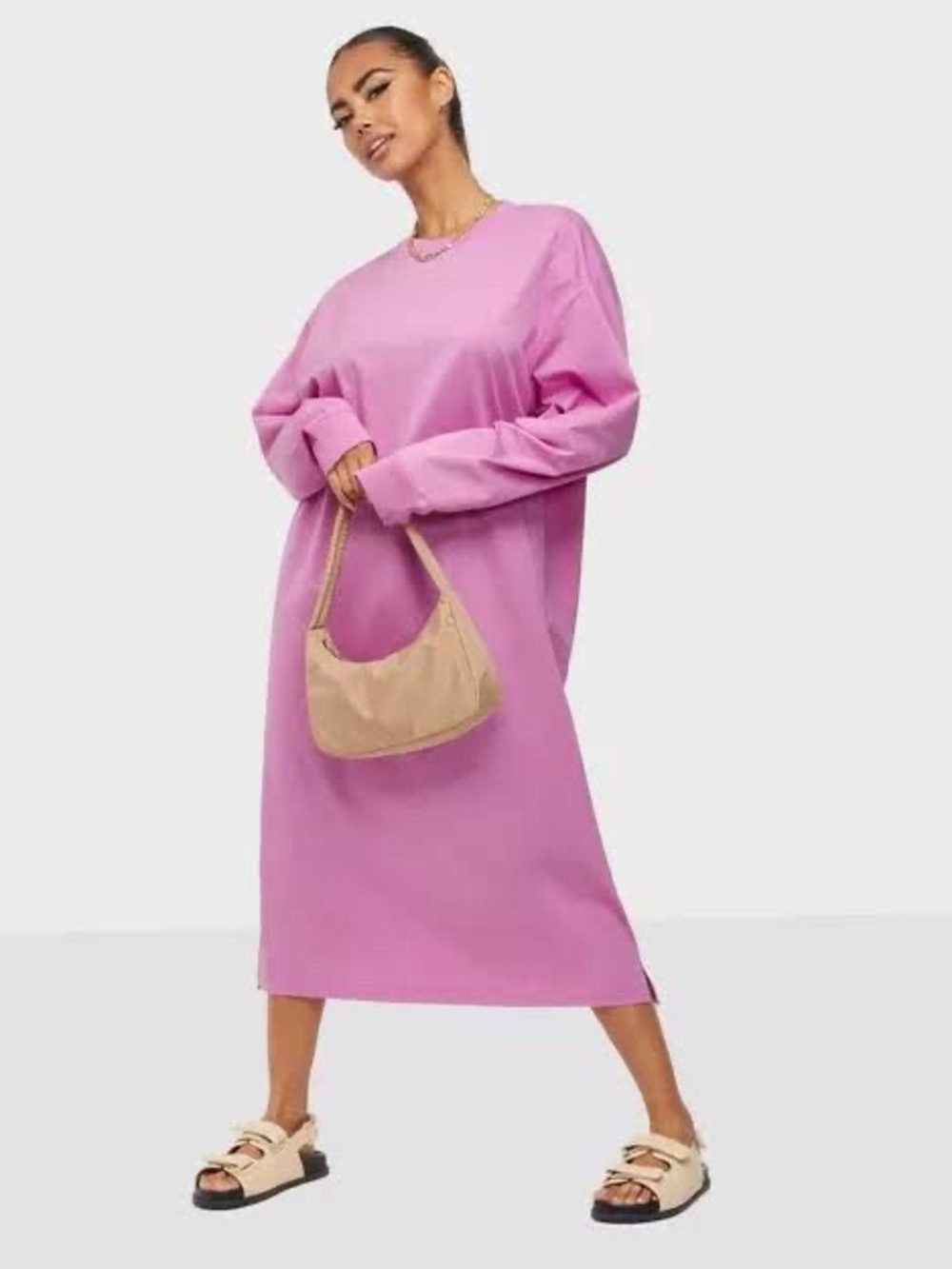 SAMSOE Oversized Pink Long-Sleeve Midi Dress